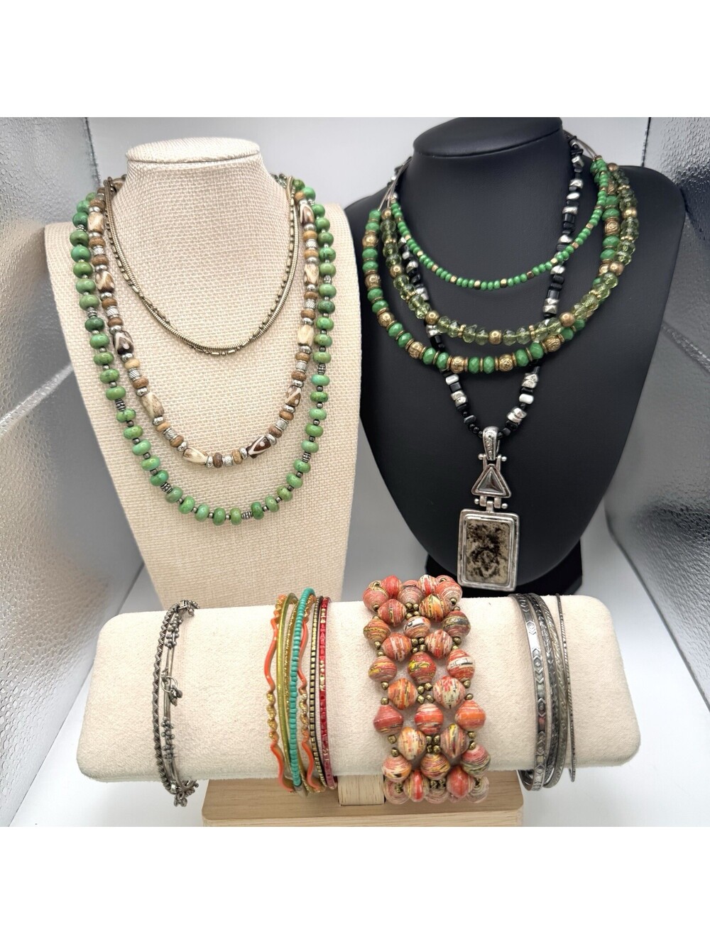 Handcrafted Green and Brown Beaded Necklace Set with Adjustable Clasp